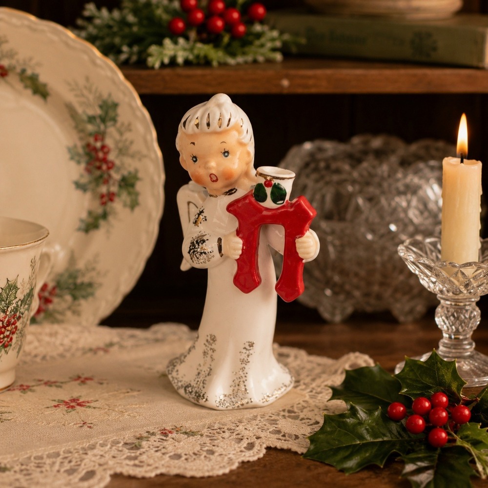 Napco NOEL Angel Letter "N" Ceramic Christmas Figures Candle Holders  Japan 1957